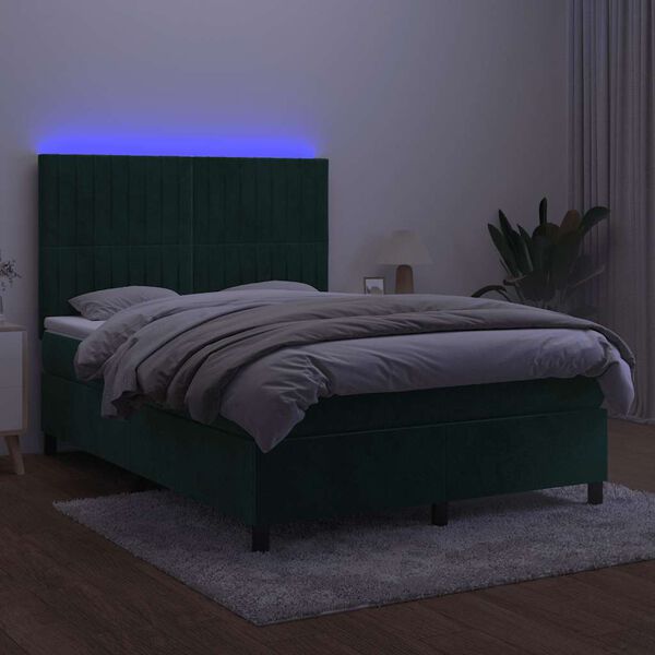 vidaXL Boxspringbett mit Matratze & LED Dunkelgr&uuml;n 140x200 cm Samt
