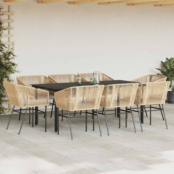 vidaXL 9-tlg. Garten-Essgruppe mit Kissen Braun Poly Rattan Glas