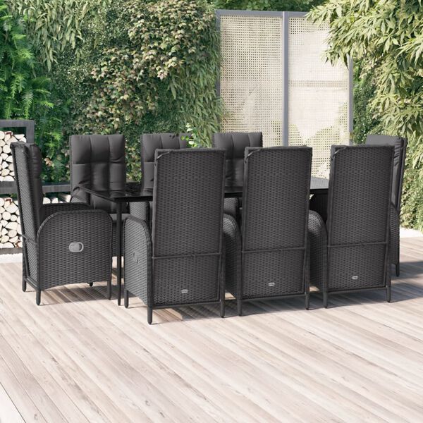 vidaXL 9-tlg. Garten-Essgruppe mit Kissen Schwarz Poly Rattan
