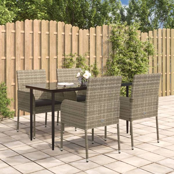 vidaXL 5-tlg. Garten-Essgruppe mit Kissen Schwarz und Grau Poly Rattan