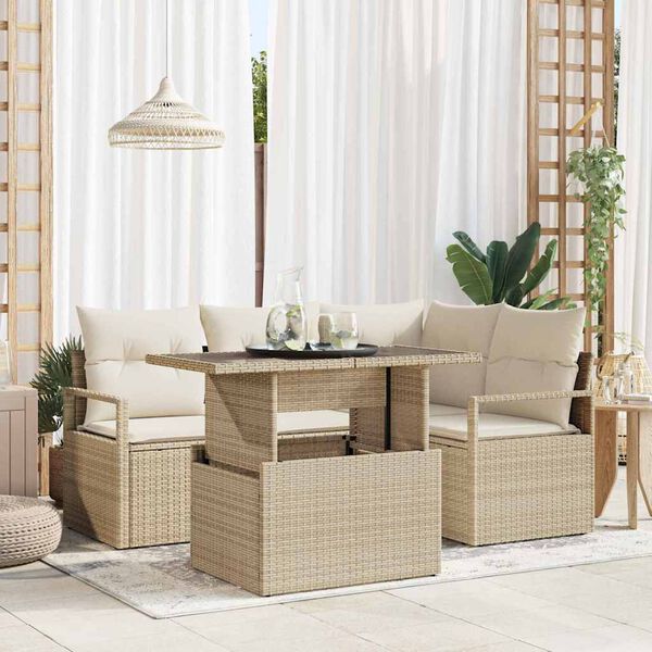 vidaXL Garten-Sofa-Set mit Kissen 5 pcs Beige und Creme Poly-Rattan