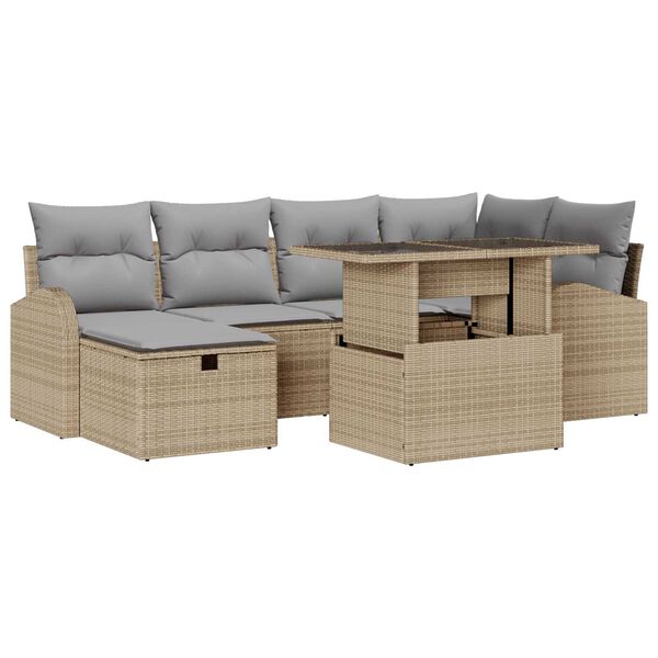vidaXL Garten-Sofa-Set mit Kissen mit Speicher 7 pcs Beige Poly Rattan