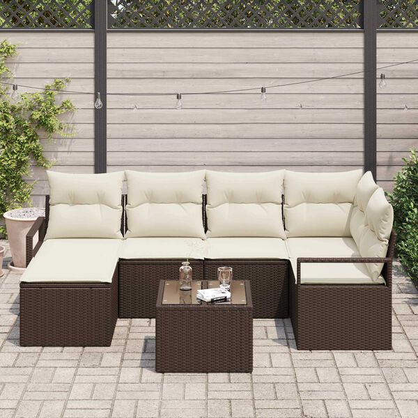 vidaXL Sofa Set mit Kissen 7 pcs Braun und Creme Poly-Rattan
