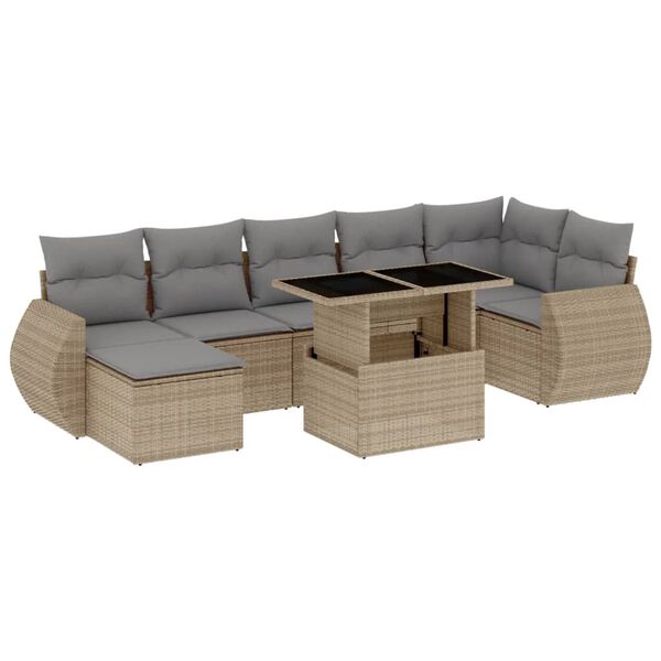 vidaXL 8-tlg. Garten-Sofagarnitur mit Kissen Beige Poly Rattan