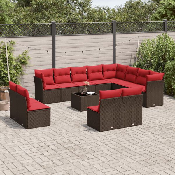 vidaXL 13-tlg. Garten-Sofagarnitur mit Kissen Braun Poly Rattan