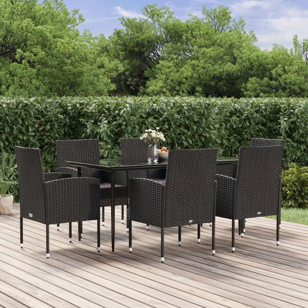 vidaXL 7-tlg. Garten-Essgruppe mit Kissen Schwarz Poly Rattan