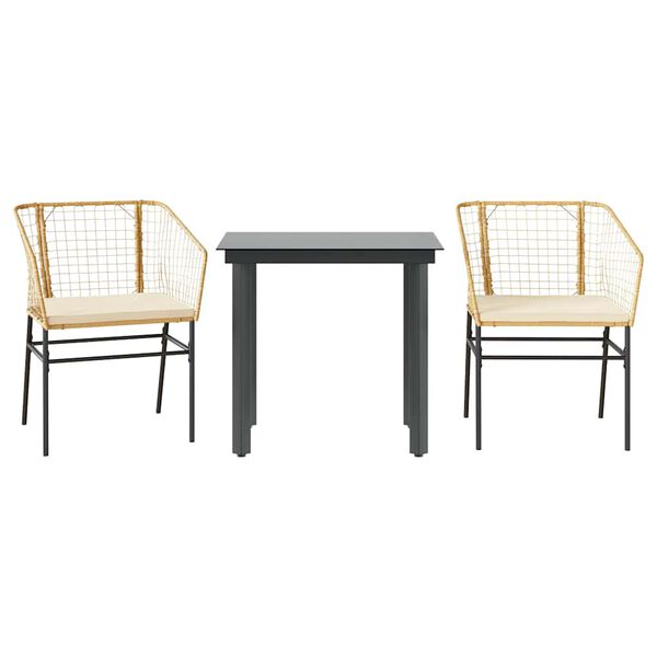 vidaXL 3-tlg. Garten-Essgruppe mit Kissen Braun Poly Rattan Glas