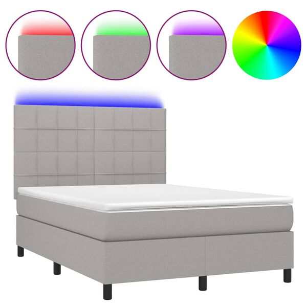vidaXL Boxspringbett mit Matratze & LED Hellgrau 140x190 cm Stoff