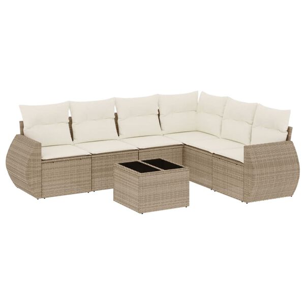vidaXL 7-tlg. Garten-Sofagarnitur mit Kissen Beige Poly Rattan