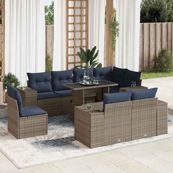 vidaXL 9-tlg. Garten-Sofagarnitur mit Kissen Grau Poly Rattan Akazie