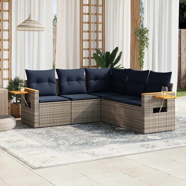 vidaXL 5-tlg. Garten-Sofagarnitur mit Kissen Grau Poly Rattan