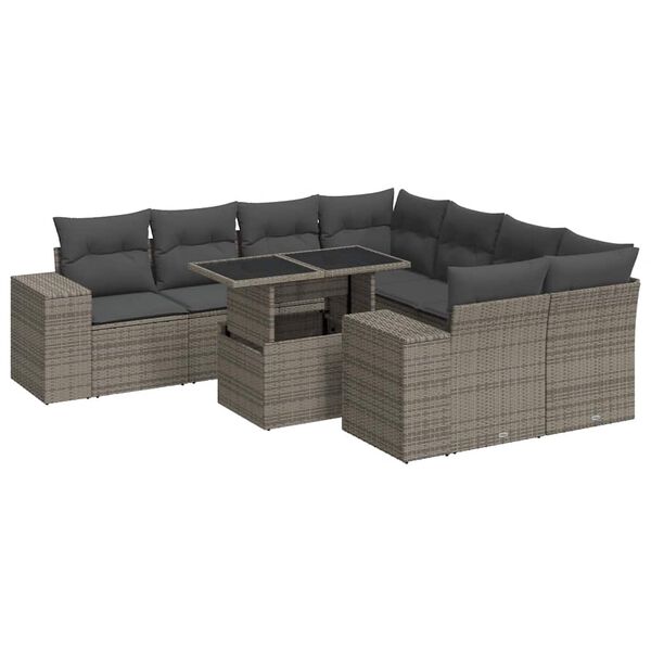 vidaXL 9-tlg. Garten-Sofagarnitur mit Kissen Grau Poly Rattan