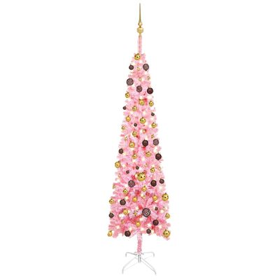 vidaXL Weihnachtsbaum Schlank mit Beleuchtung & Kugeln Rosa 210 cm