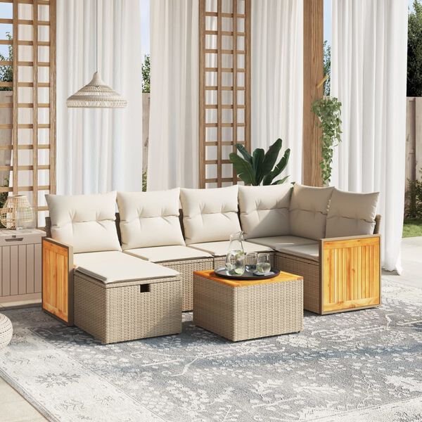 vidaXL 6-tlg. Garten-Sofagarnitur mit Kissen Beige Poly Rattan