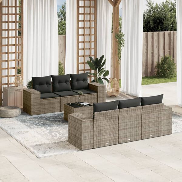 vidaXL 7-tlg. Garten-Sofagarnitur mit Kissen Grau Poly Rattan