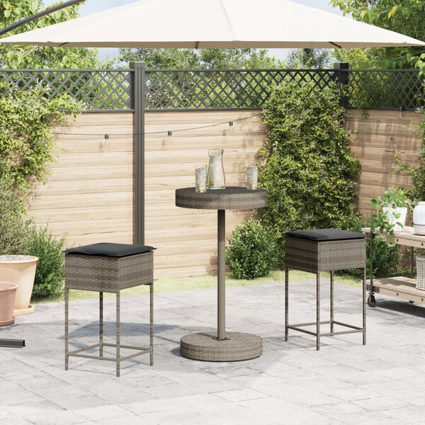 vidaXL 3-tlg. Gartenbar-Set mit Kissen Grau Poly Rattan