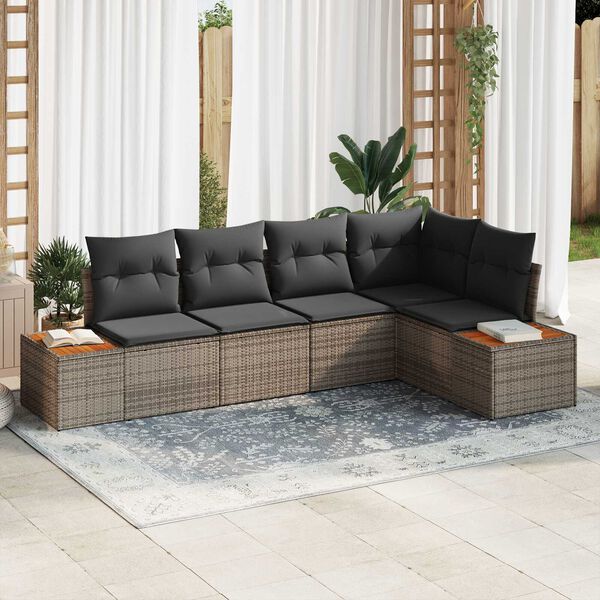 vidaXL Garten-Sofa-Set mit Kissen mit Speicher 5 pcs Grau Poly Rattan