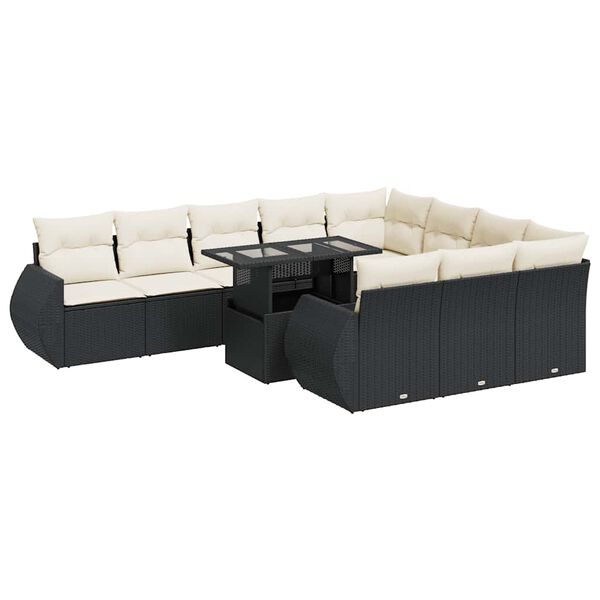 vidaXL 11-tlg. Garten-Sofagarnitur mit Kissen Schwarz Poly Rattan