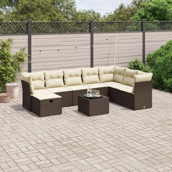 vidaXL 9-tlg. Garten-Sofagarnitur mit Kissen Braun Poly Rattan