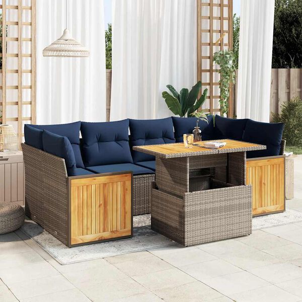 vidaXL 7-tlg. Garten-Sofagarnitur mit Kissen Grau Poly Rattan Akazie
