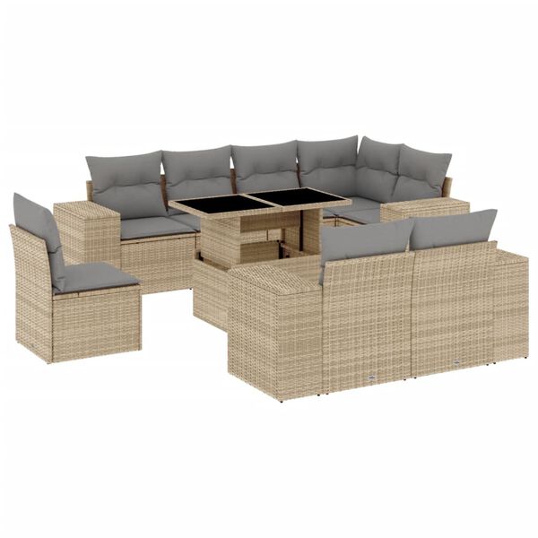 vidaXL 9-tlg. Garten-Sofagarnitur mit Kissen Beige Poly Rattan