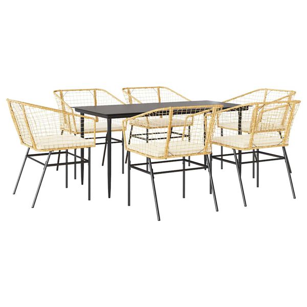 vidaXL 7-tlg. Garten-Essgruppe mit Kissen Braun Poly Rattan Glas