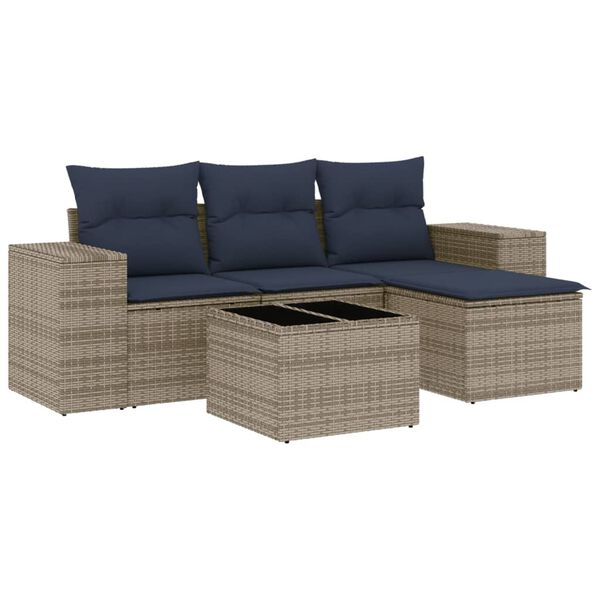 vidaXL 5-teiliges Gartensofa-Set mit Kissen, grau, Polyrattan