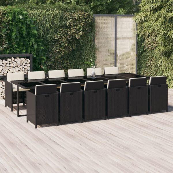 vidaXL 13-tlg. Garten-Essgruppe mit Kissen Poly Rattan Schwarz
