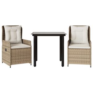 vidaXL 3-tlg. Garten-Essgruppe mit Kissen Beige Poly Rattan