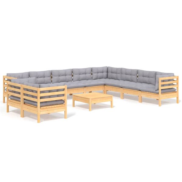 vidaXL 11-tlg. Garten-Lounge-Set mit Grauen Kissen Massivholz Kiefer