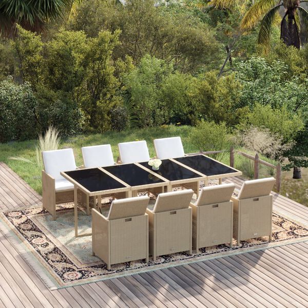 vidaXL 9-tlg. Garten-Essgruppe mit Kissen Poly Rattan Beige