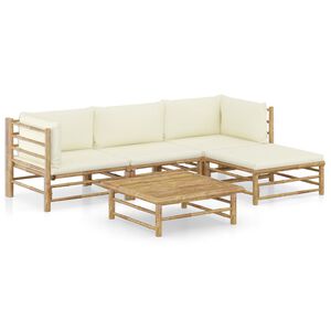 vidaXL 5-tlg. Garten-Lounge-Set mit Cremewei&szlig;en Kissen Bambus