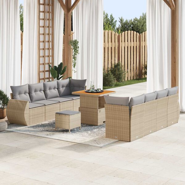 vidaXL Gartensofa-set mit Kissen mit Speicher 11 pcs Beige Poly-Rattan