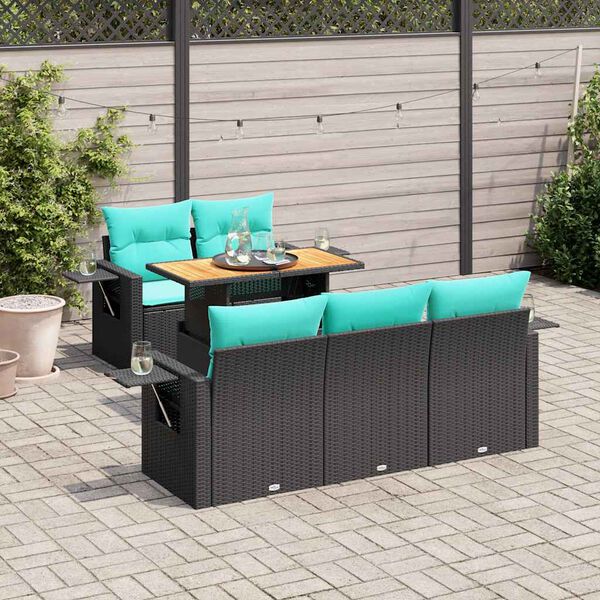 vidaXL 6-tlg. Garten-Sofagarnitur mit Kissen Schwarz Poly Rattan