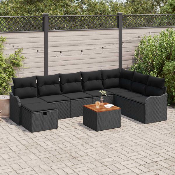 vidaXL Garten-Sofa-Set mit Kissen 9 pcs Schwarz Poly Rattan