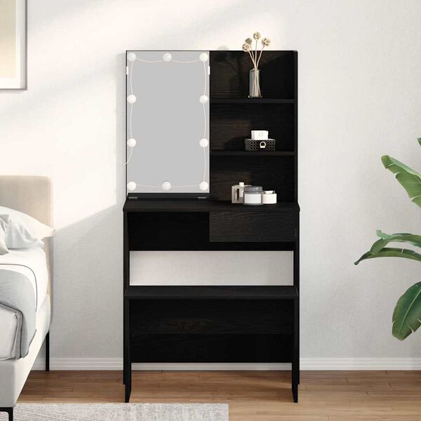 vidaXL LED Schminktisch Set 2 pcs Schwarz Eichen-Optik Holzwerkstoff