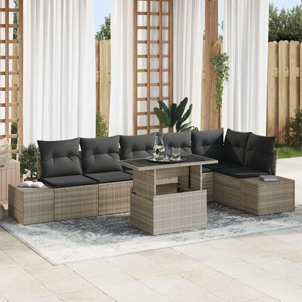 vidaXL Garten-Sofa-Set mit Speicher 7 pcs Hellgrau Poly Rattan