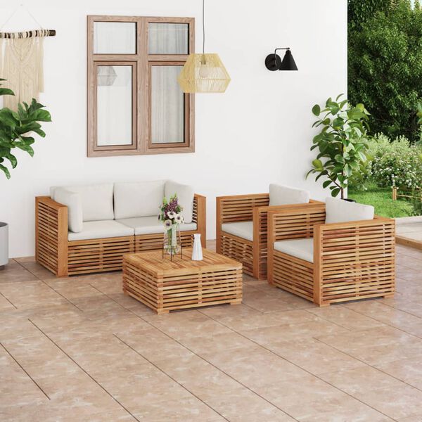 vidaXL 5-tlg. Garten-Lounge-Set mit Creme Kissen Massivholz Teak