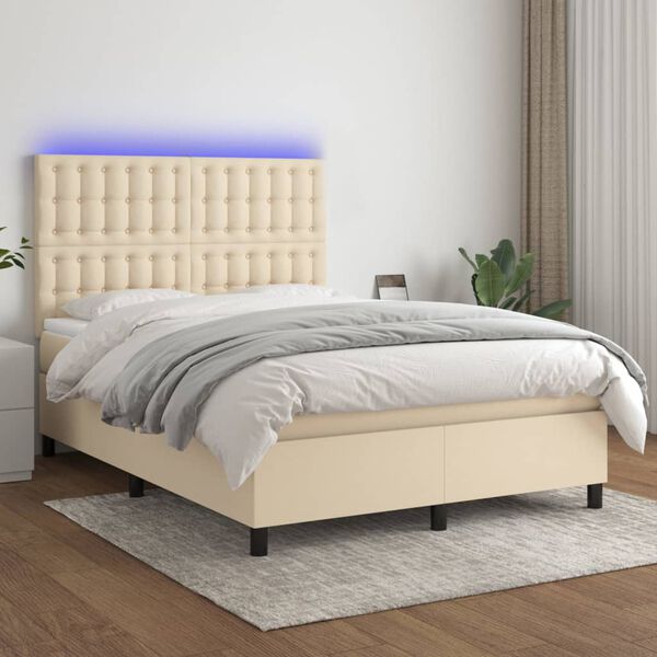 vidaXL Boxspringbett mit Matratze & LED Creme 140x200 cm Stoff