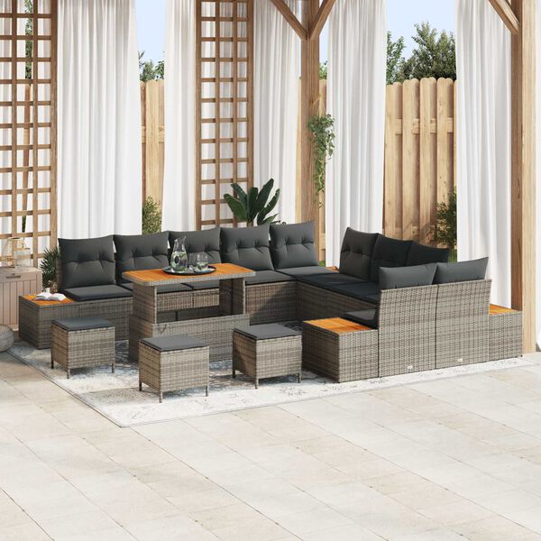 vidaXL Gartensofa-set mit Kissen mit Speicher 14 pcs Grau Poly Rattan