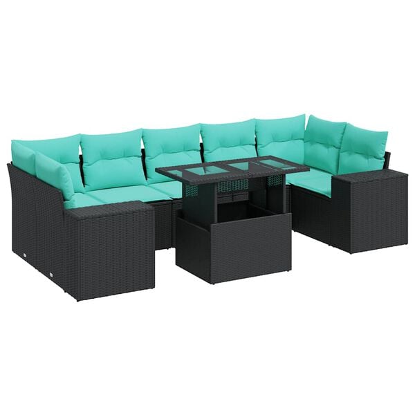 vidaXL 8-tlg. Garten-Sofagarnitur mit Kissen Schwarz Poly Rattan