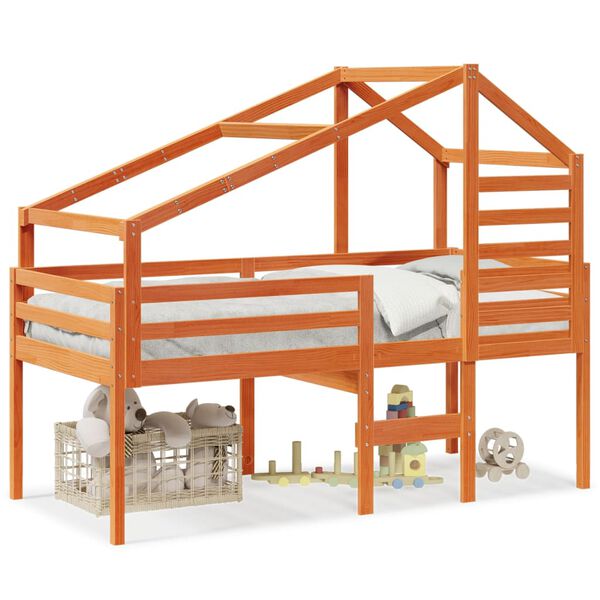 vidaXL Hochbett mit Dach Wachsbraun 90x200 cm Massivholz Kiefer