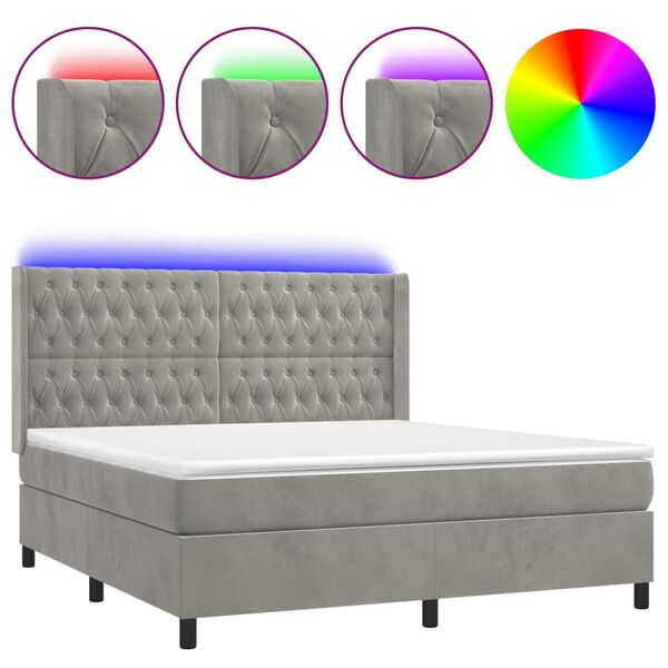 vidaXL Boxspringbett mit Matratze & LED Hellgrau 160x200 cm Samt