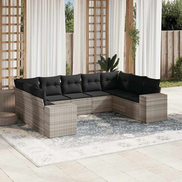 vidaXL 9-tlg. Garten-Sofagarnitur mit Kissen Hellgrau Poly Rattan