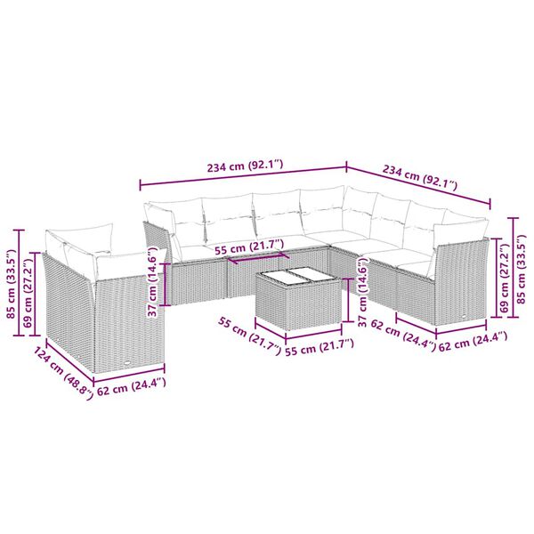 vidaXL 10-tlg. Garten-Sofagarnitur mit Kissen Hellgrau Poly Rattan