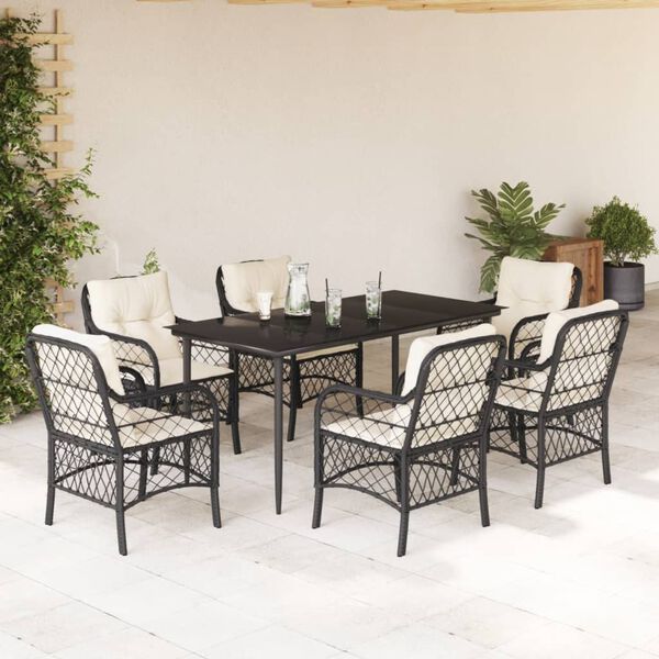 vidaXL 7-tlg. Garten-Essgruppe mit Kissen Schwarz Poly Rattan