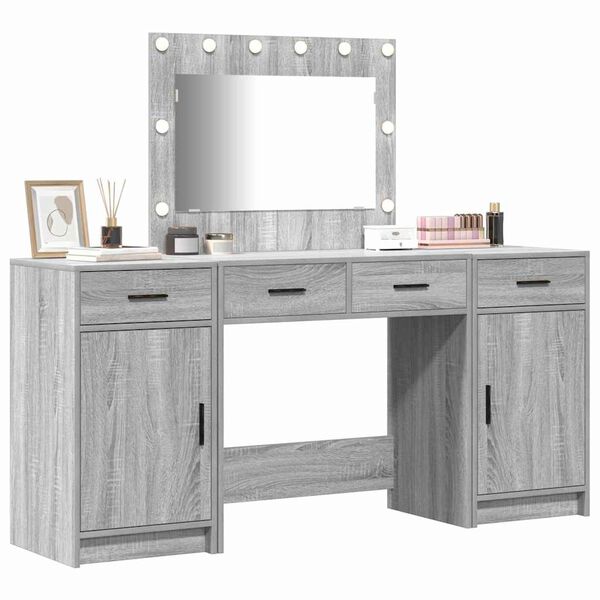 vidaXL Schminktisch mit Spiegelbeleuchtung 3 pcs Grau Holzwerkstoff
