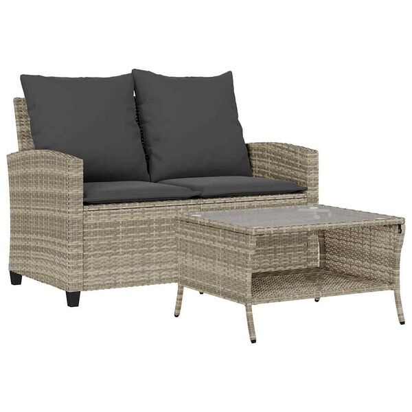 vidaXL Gartensofa 2-Sitzer mit Kissen & Tisch Hellgrau Poly Rattan