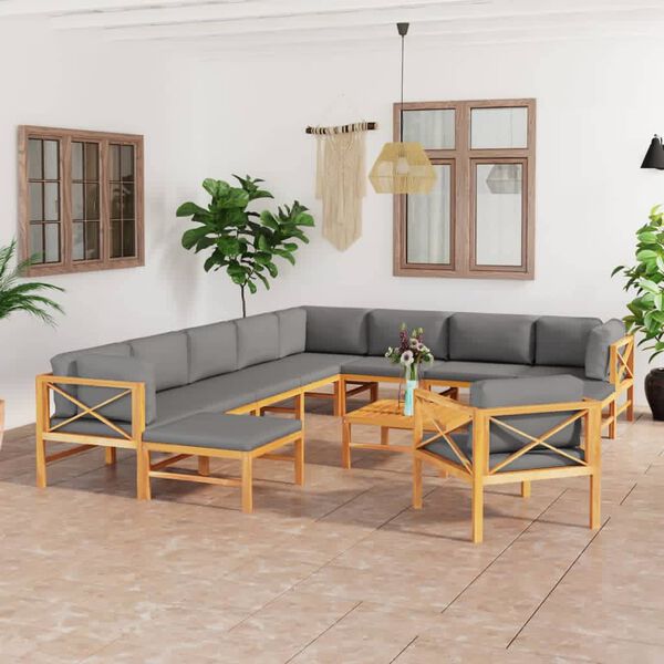 vidaXL 12-tlg. Garten-Lounge-Set mit Grauen Kissen Massivholz Teak