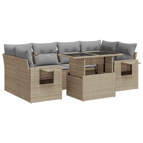 vidaXL 7-tlg. Garten-Sofagarnitur mit Kissen Beige Poly Rattan